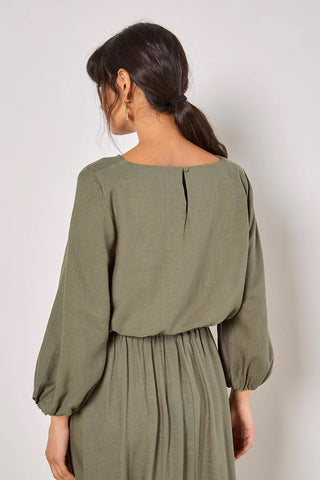 Linen Mix Bubble Hem Top in Khaki