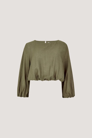 Linen Mix Bubble Hem Top in Khaki