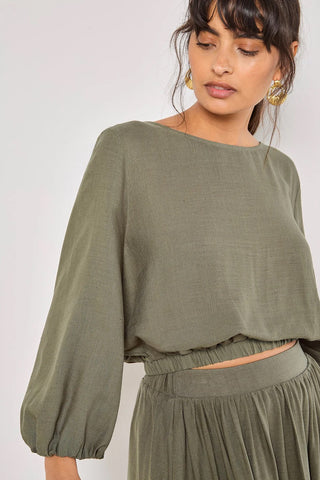 Linen Mix Bubble Hem Top in Khaki