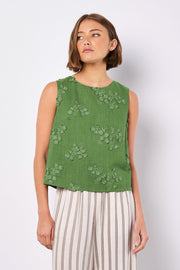 3D Floral Embroidered Linen Shell Top in Thyme Green