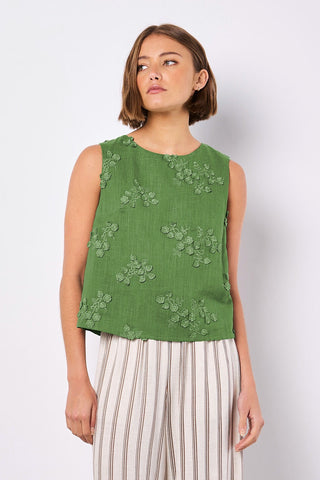 3D Floral Embroidered Linen Shell Top in Thyme Green