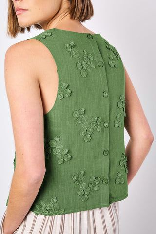 3D Floral Embroidered Linen Shell Top in Thyme Green