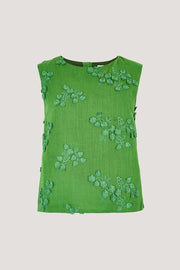 3D Floral Embroidered Linen Shell Top in Thyme Green