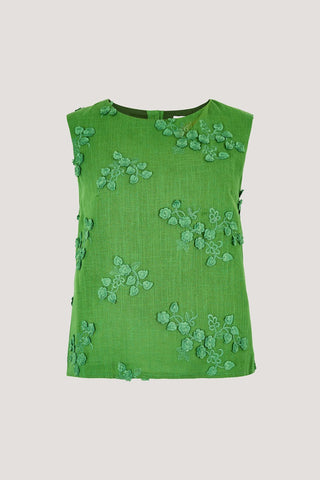 3D Floral Embroidered Linen Shell Top in Thyme Green