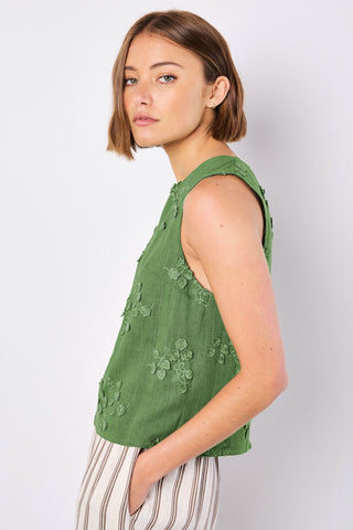 3D Floral Embroidered Linen Shell Top in Thyme Green