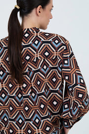 Long Sleeve Blouse in Retro Geometric Print