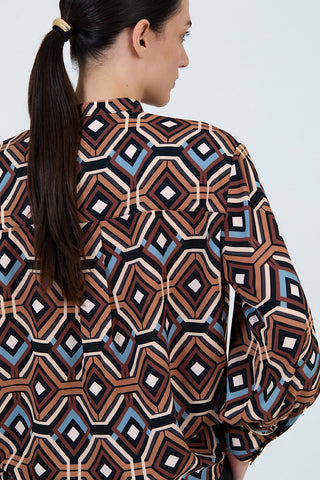 Long Sleeve Blouse in Retro Geometric Print