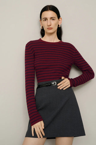 Fine Knit Sweater in Burgundy/Navy Stripe