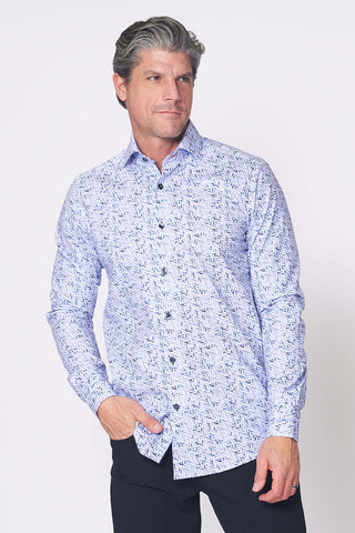 Long Sleeve Casual Shirt in Blue Geometric Print