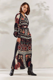 Multicoloured Patchwork Maxi Wrap Dress in Black