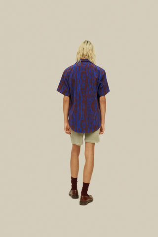 Thenards Jiggle Cuba Terry Shirt in a Royal Blue and Brown Print