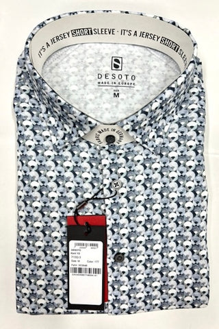 Short-Sleeved Knit Sport Shirt in Grey Geo Print