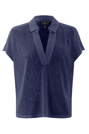 Short Sleeve Collared Linen Slub Top in Navy