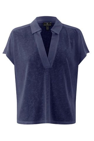 Short Sleeve Collared Linen Slub Top in Navy