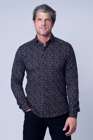 Long Sleeve Casual Shirt in Multi Colored Navy Print