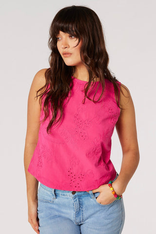 Tropical Embroidery Tie-Back Top in Fuchsia