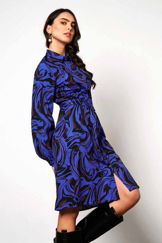 Kora Long-Sleeved Shirt Dress in Royal Blue Swirl