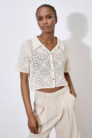 Crochet Collar Coconut Button Top in Stone