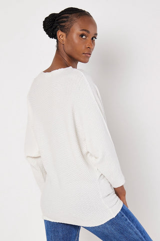 Textured-Knit Batwing Sweater in White