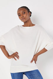 Textured-Knit Batwing Sweater in White