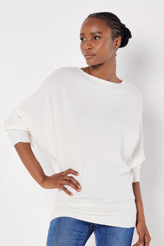 Textured-Knit Batwing Sweater in White