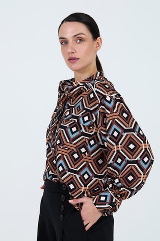 Long Sleeve Blouse in Retro Geometric Print