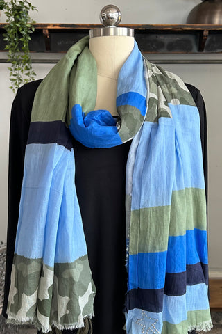 Beaded Fringe Scarf in Cool Khaki and Blue