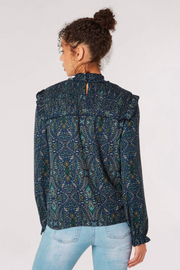 Ruffled Blouse in Navy-Olive Paisley