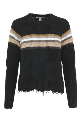 Shaker-Knit Striped Crew-Neck Sweater With Distressed Hem in Black