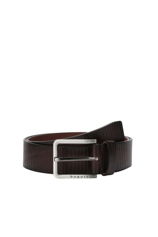 Railroad-Stamped Leather Belt in Tan and Dark Brown