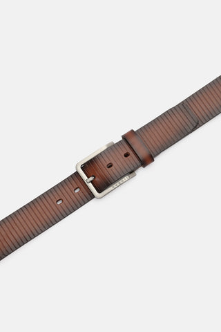 Railroad-Stamped Leather Belt in Tan and Dark Brown