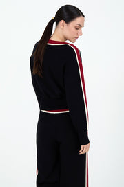 Sweater in Black with Red Intarsia Stripe Detail