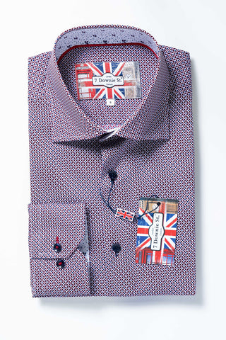 Long Sleeve Casual Shirt in Burgundy Blue Circles Print