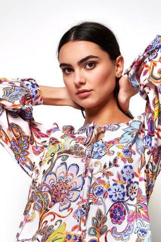 Layla Long-Sleeved Shirt in Multicoloured Floral Print on White