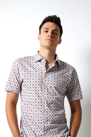 Short-Sleeved Knit Sport Shirt in Kaleidoscope Print