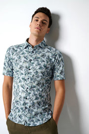 Short-Sleeved Knit Sport Shirt in Green Jungle Print