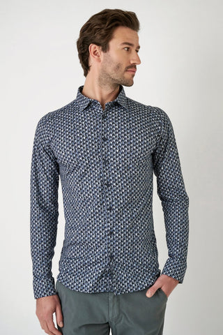 Long-Sleeved Knit Sport Shirt in Navy Blue Circle Pattern