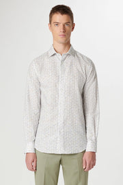 Axel Long-Sleeved Linen Shirt in White Retro-Floral Print
