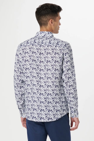 Julian Long-Sleeved Linen Shirt in Navy Leaf Print
