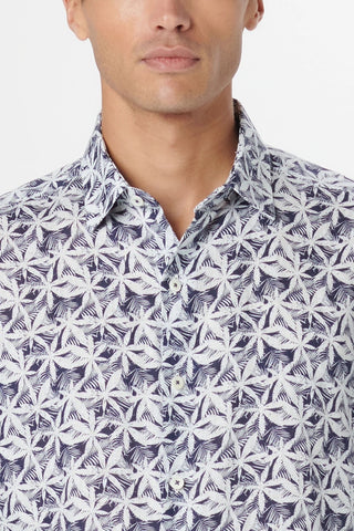 Julian Long-Sleeved Linen Shirt in Navy Leaf Print