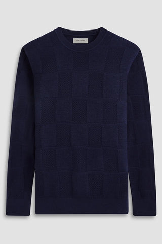 Multi-Stitch, Check-Jacquard Crew-Neck Sweater in Navy