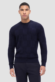 Multi-Stitch, Check-Jacquard Crew-Neck Sweater in Navy