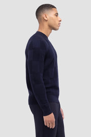 Multi-Stitch, Check-Jacquard Crew-Neck Sweater in Navy