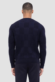 Multi-Stitch, Check-Jacquard Crew-Neck Sweater in Navy