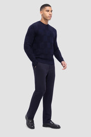 Multi-Stitch, Check-Jacquard Crew-Neck Sweater in Navy