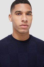 Multi-Stitch, Check-Jacquard Crew-Neck Sweater in Navy