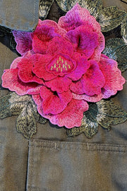 Army Jacket With Floral Appliqué in Green