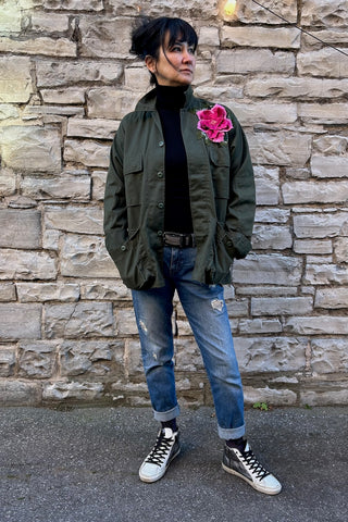 Army Jacket With Floral Appliqué in Green