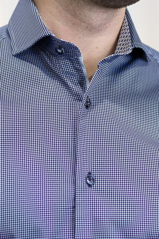 Long-Sleeved Sport Shirt in Blue Micro Print