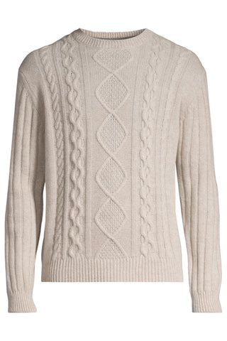 Long-Sleeved, Cable-Knit Crew-Neck Sweater in Beige